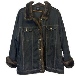Dennis Basso Womens Faux Fur Trimmed Denim Jacket Size 2X Dark Wash Glam
